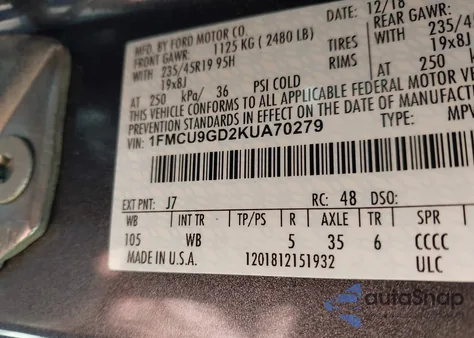 2019 Ford Escape Se z USA, uszkodzony, nr VIN 1FMCU9GD2KUA70279